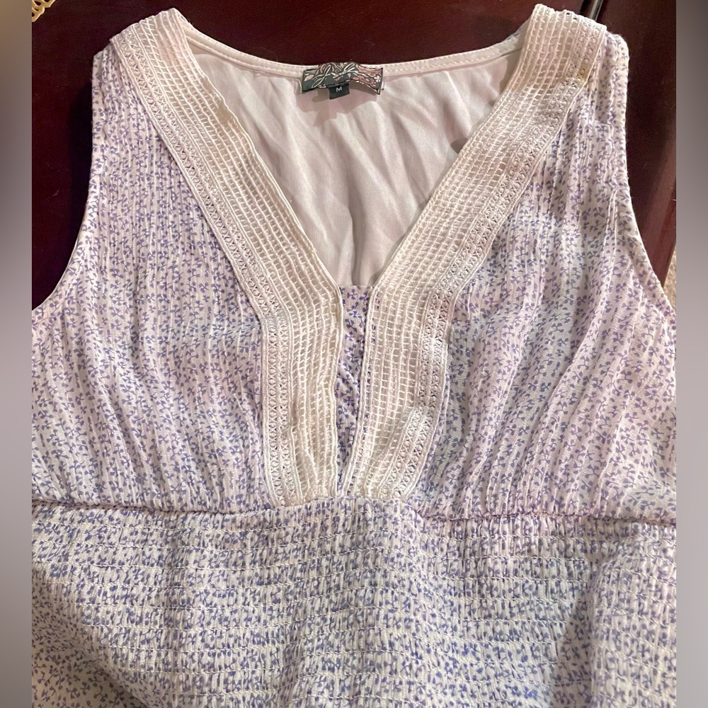 Vintage White Blue Sleeveless Maxi Dress smoked tired v-neck size medium - Picture 4 of 12